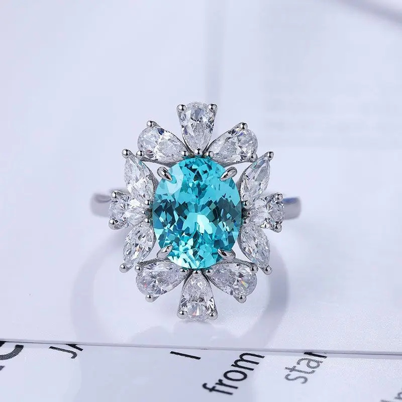 Hot Sale Center  Oval Shape Lab Created Paraiba And Side White Pear Cut Marquise Cut Gems Silver Ring Jewelry