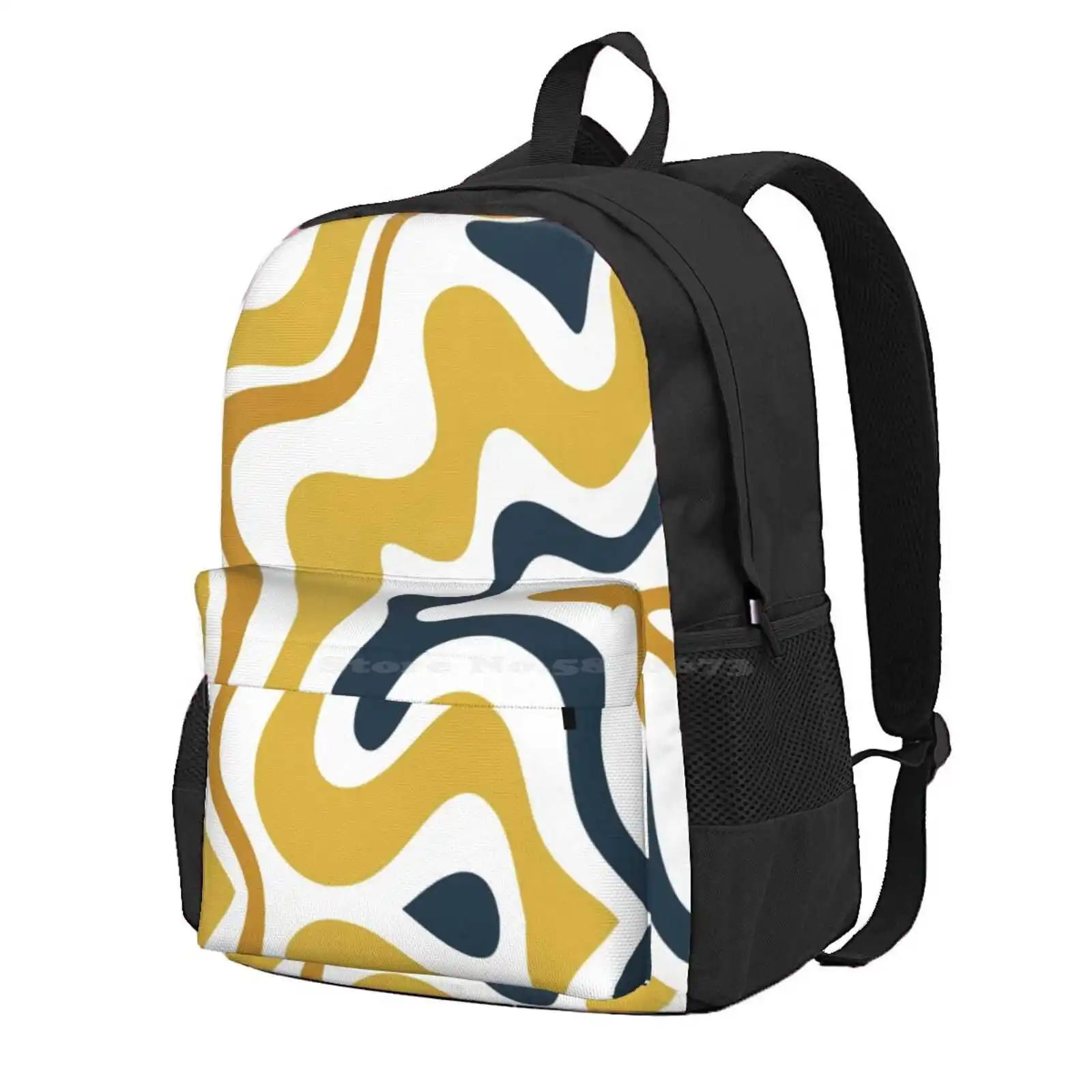 Retro Liquid Swirl Abstract Pattern In Mustard Yellow, Navy Blue, And White Hot Sale Schoolbag Backpack Fashion Bags Abstract