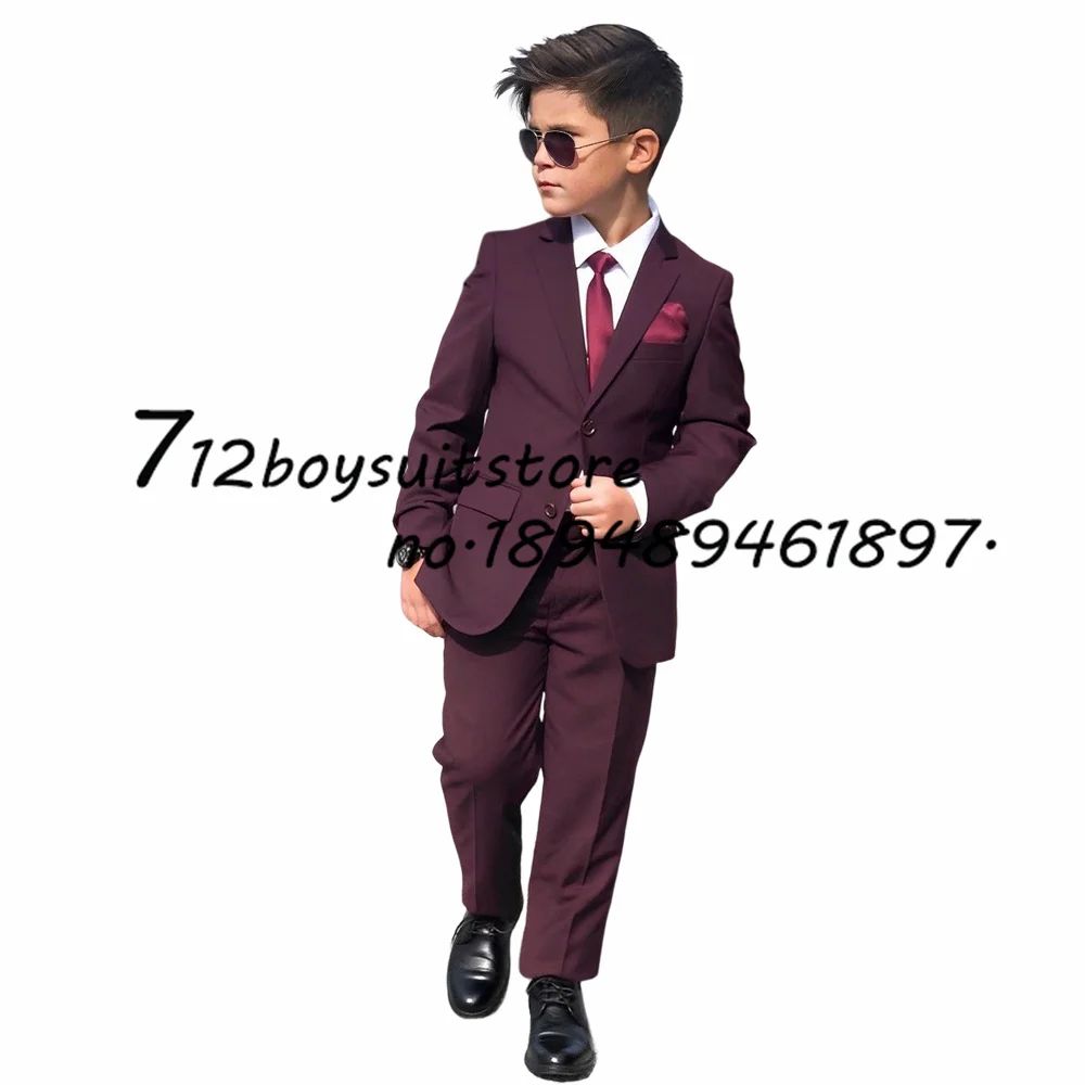 Burgund Jungen Anzug 2 Stück Hochzeit Smoking Jacke Hosen Kinder Blazer Mode Eine Taste Kleidung Kind