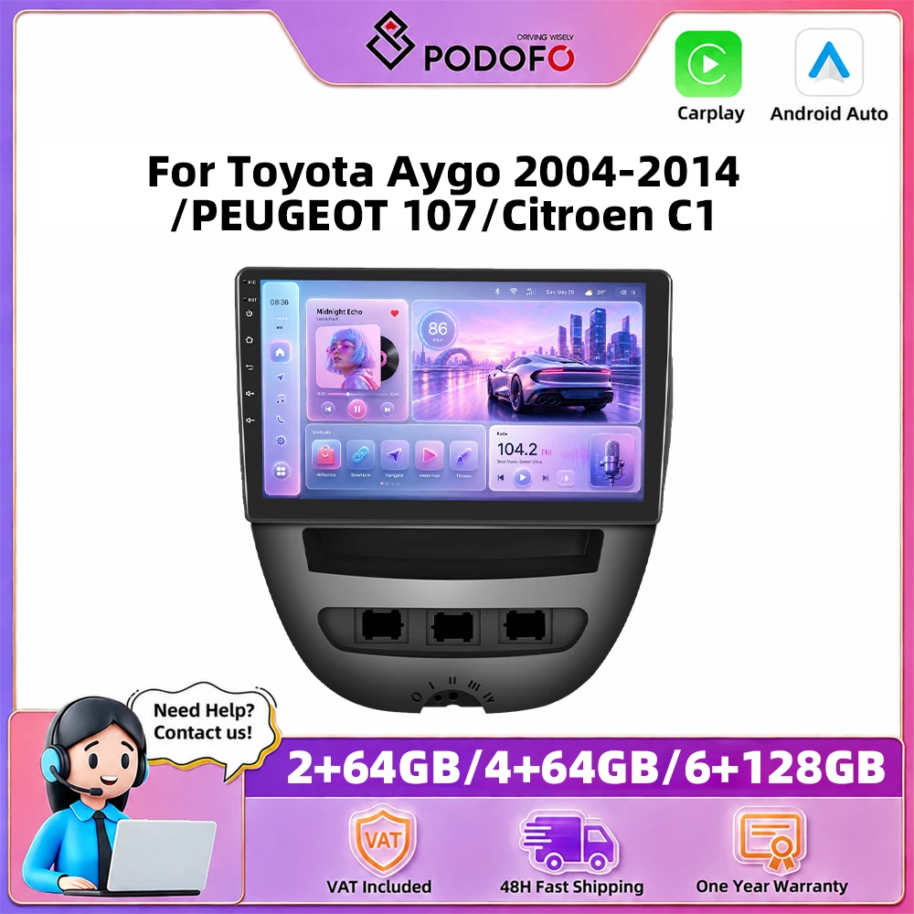 Podofo Car Radio Carplay for Peugeot 107/Citroen C1/Toyota Aygo, 10.1 Inch Touchscreen 2+64G Car Radio with Wireless A-pple Carplay Android Car, Bluetooth/Mirror Link/GPS/WiFi/FM+Rear Camera