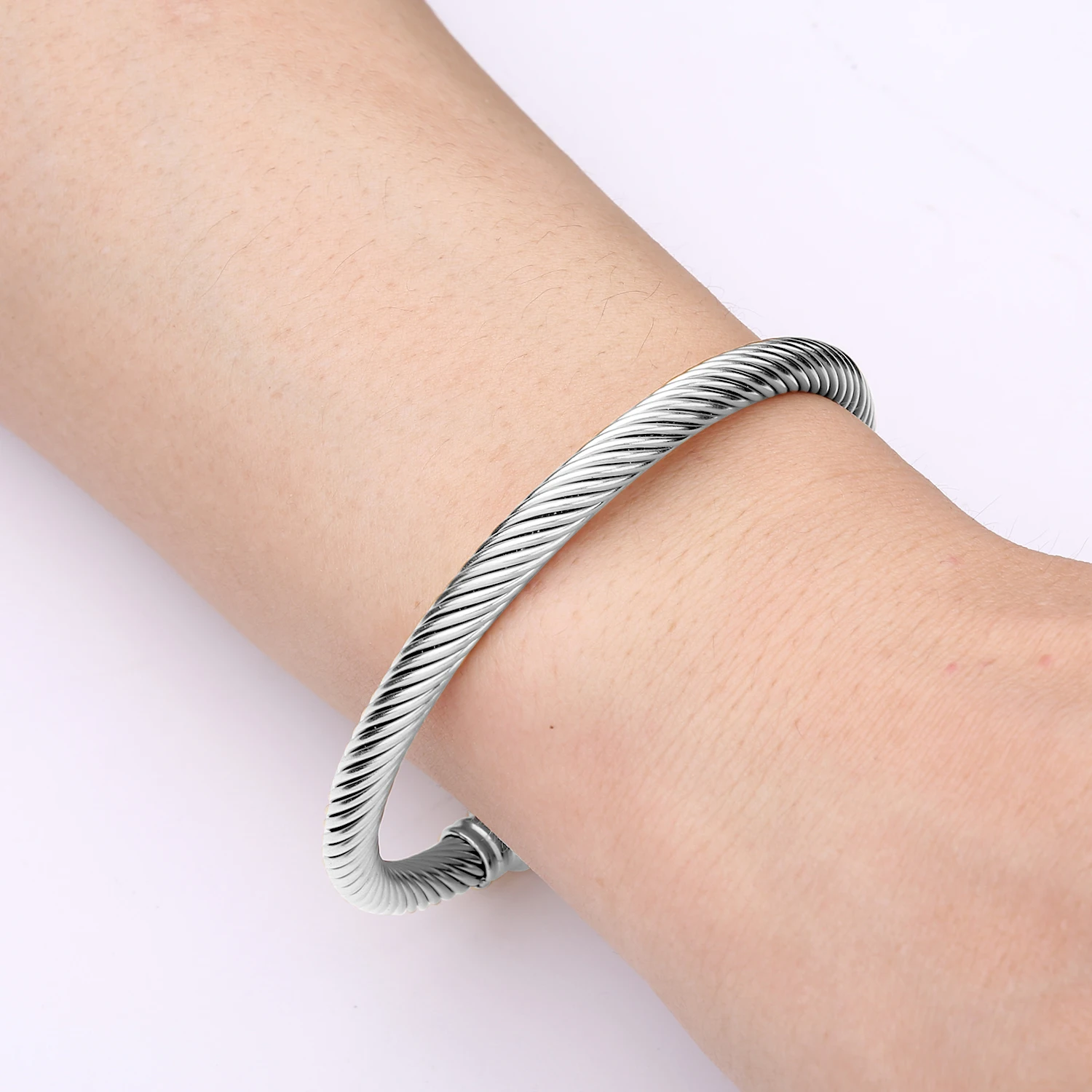 Stainless Steel Twisted Cable Wire Bracelets C-Shaped Adjustable Cuff Bangle Bracelet for Women Girls