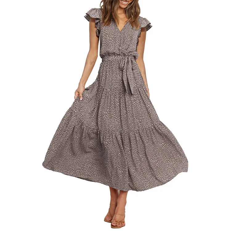 Verão floral envoltório com decote em v plissado a linha cinto em camadas estilo boêmio vestido elegante casual longo vestido floral para mulher