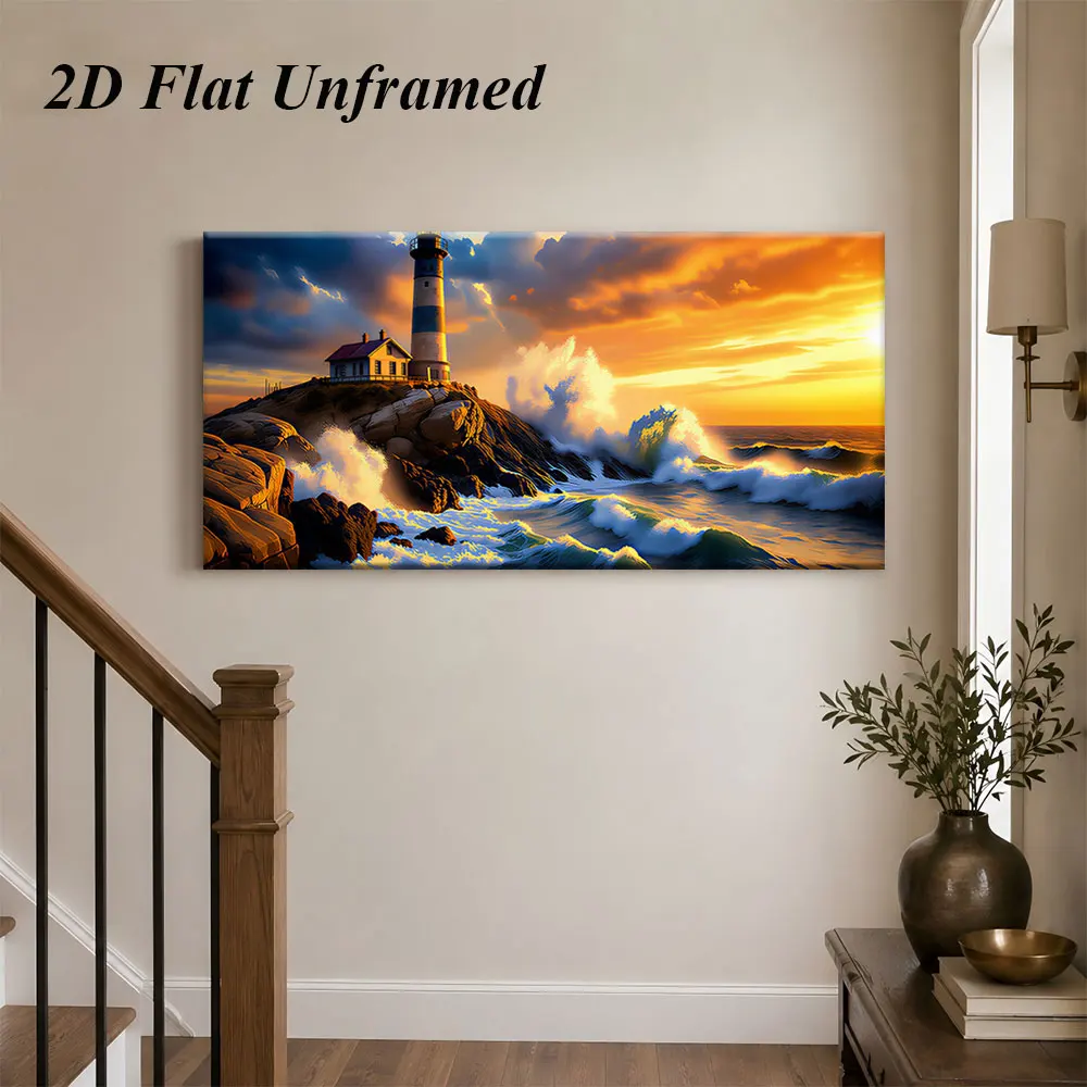 (1PC Unframe)1 frameless decorative painting of a seaside lighthouse, sunset and wave scenery mural, living room, bedroom, offic