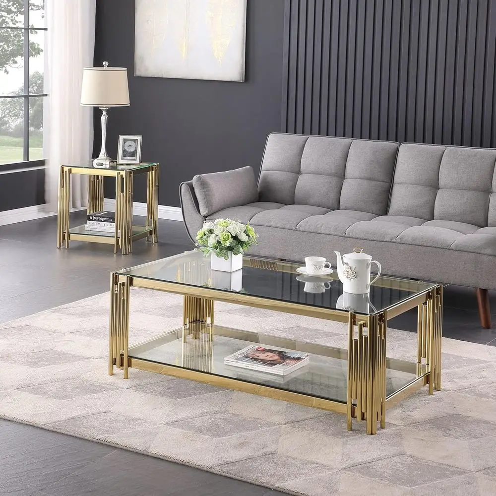 Rectangular Gold Stainless Steel Coffee Table with Glass Top for Living Room