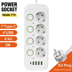 EU Plug Multi Outlet Power Strip With USB Type C Extender Cable Independent Control Socket Network Filter Patch Panel Electrical