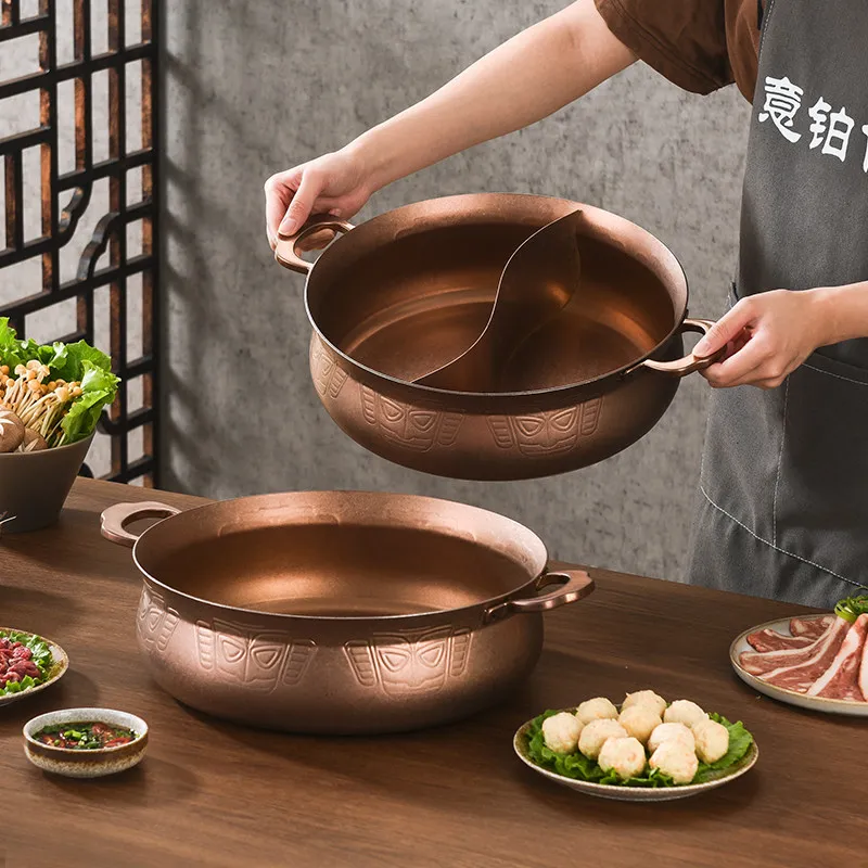 Retro Golden Hot Pot with Open Flame Flat Bottomed Double Ear Single Pot Stainless Steel Hotpots Basin Cooking Pot Chafing Dish