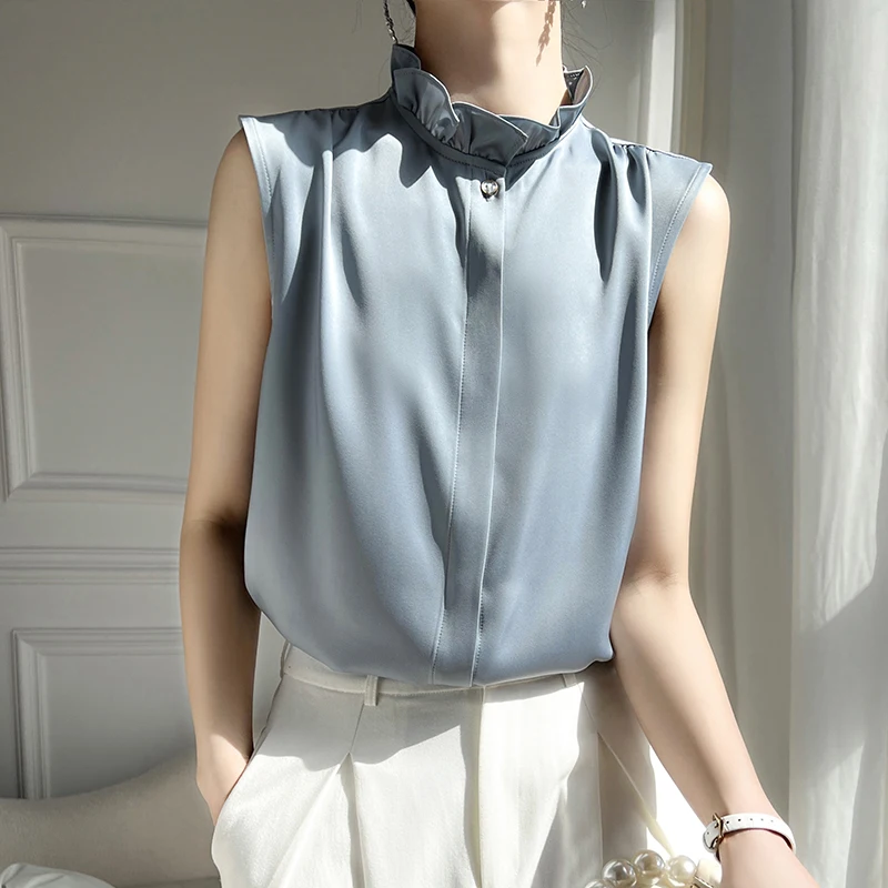 Fashionable sleeveless Shirt Vest Women\'s Ear Lace Top 2024 Spring/Summer New Satin Temperament Versatile Layering Small Shirt