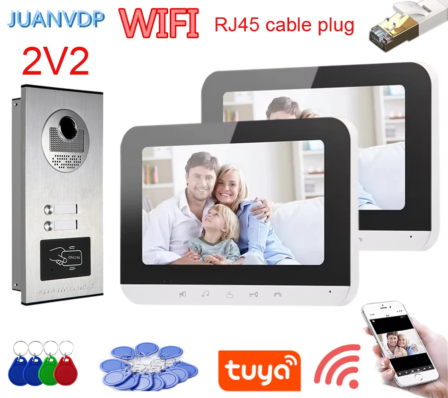 RJ45 Cable Plug 2 /3/4/6 Unit Multi Apartments Intercom Video Doorbell RFID Card Unlock 7” Wifi Tuya App Video Door Phone System