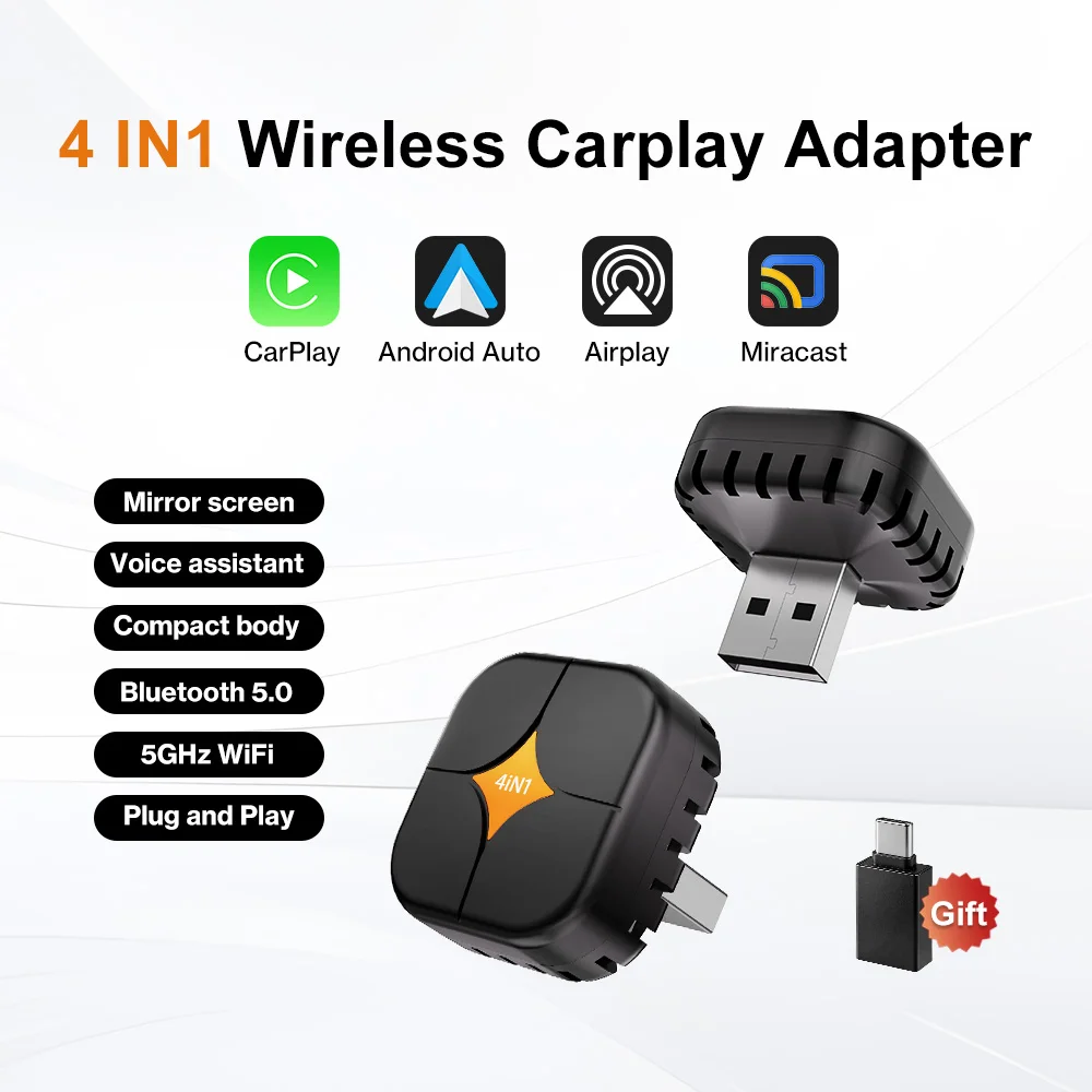 VCARLINKPLAY 4 in 1 Wireless CarPlay Adapter Wired To Wireless Android Auto AirPlay Miracast USB Dongle Plug & Play Gift for Car