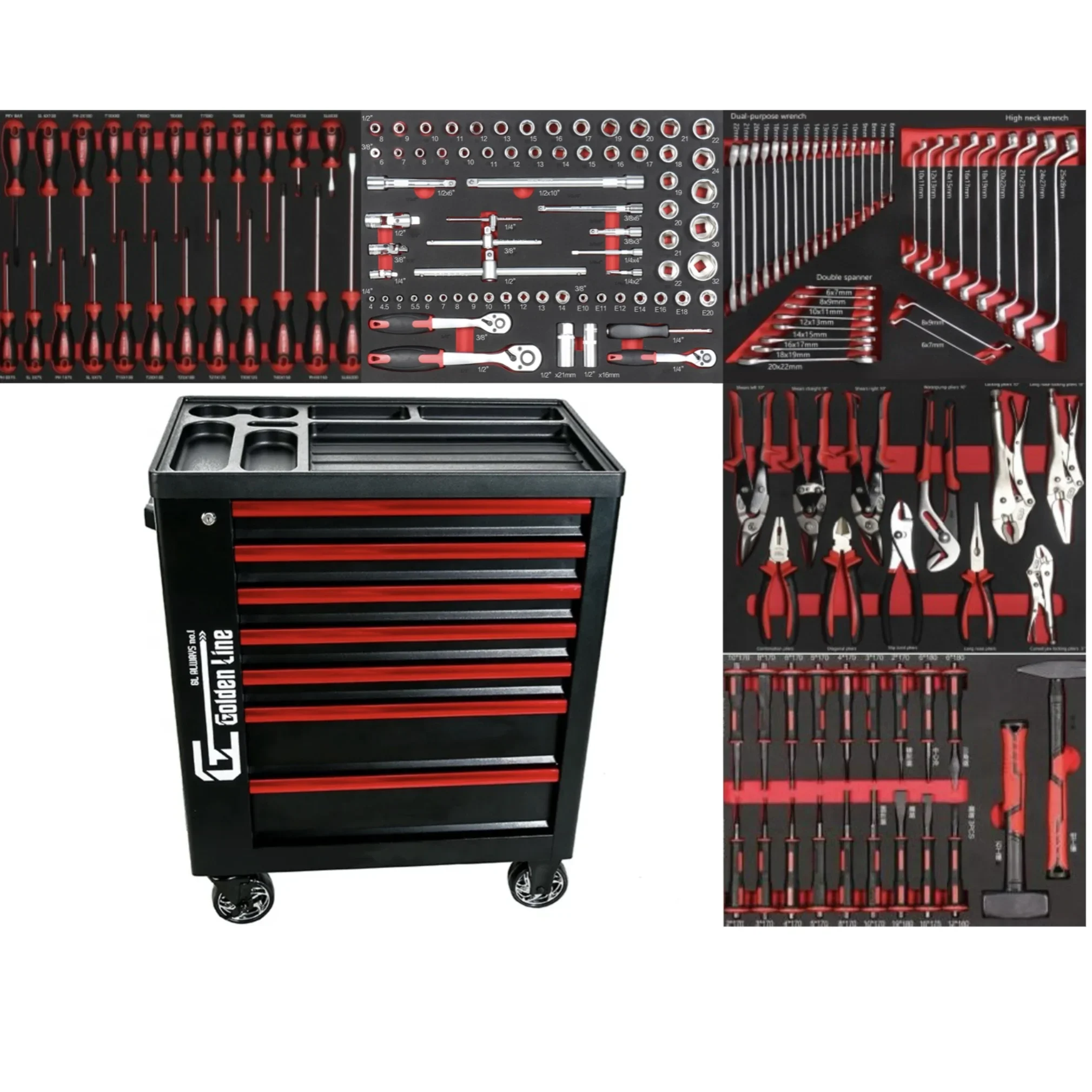 

7 Drawer Tool Box 5 Layer 168pcs CRV Hand Tools Sets Workshop Garage Storage Car Repair Cabinet Trolley
