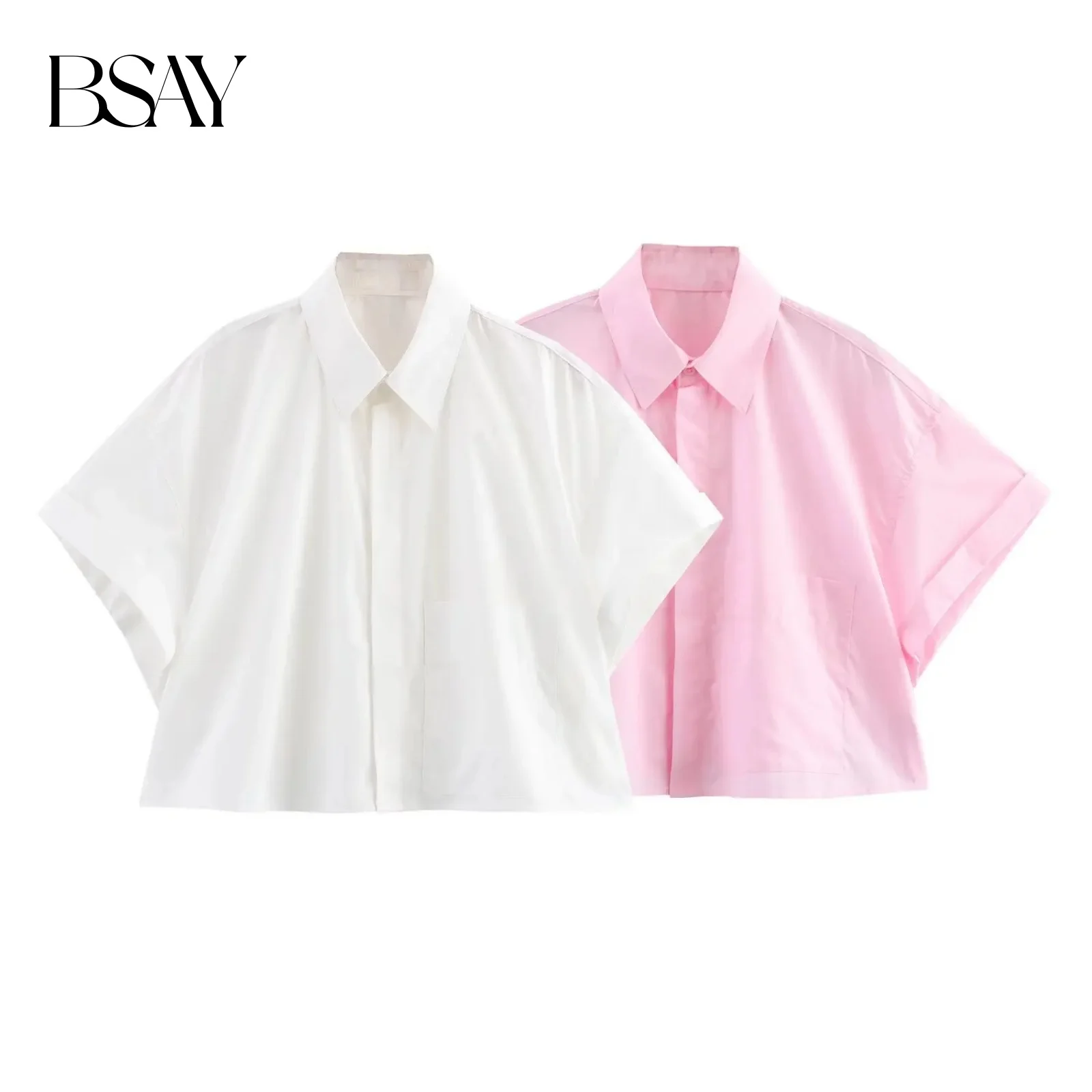 

BSAY Poplin Shirt for Women Fashion Summer New Solid Color Lapel Short Sleeved Single Breasted Top Blouse Chic Ladies Tops Mujer