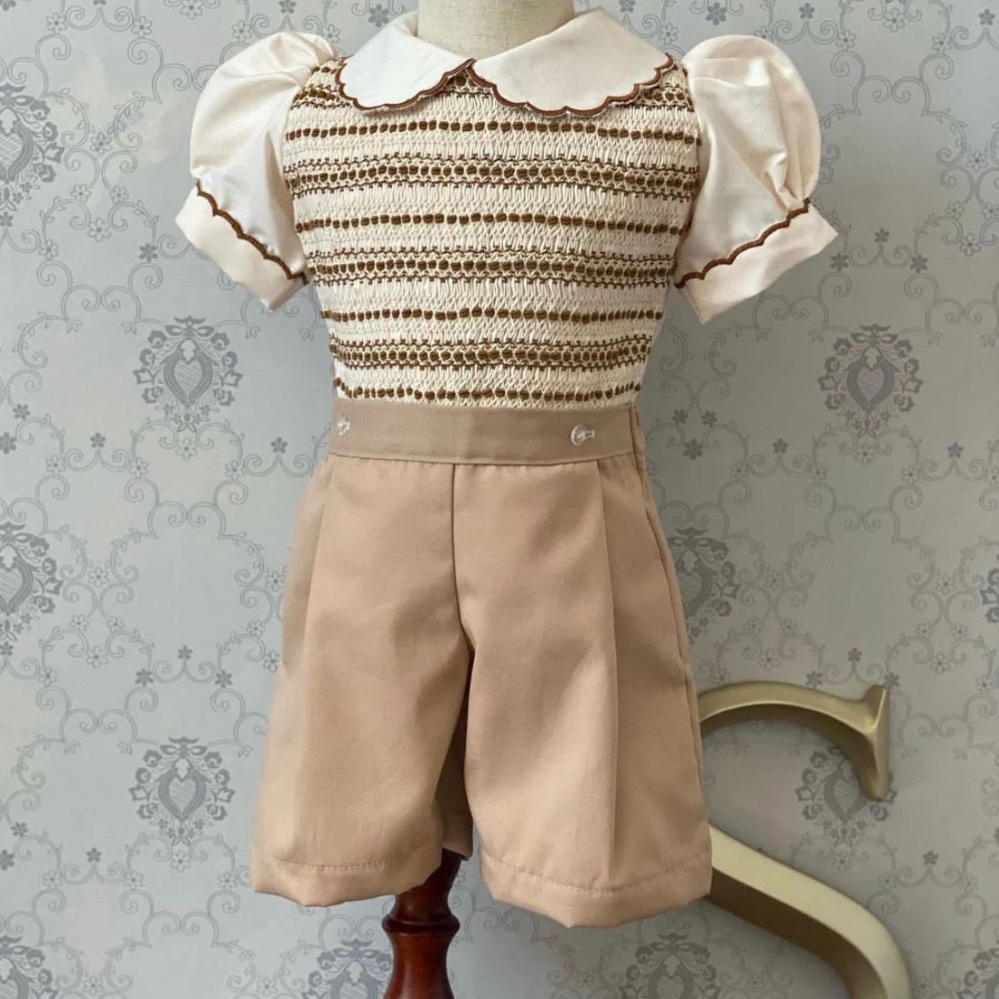 

0-3Y Boy Summer Brown Smocked Outfit Suit