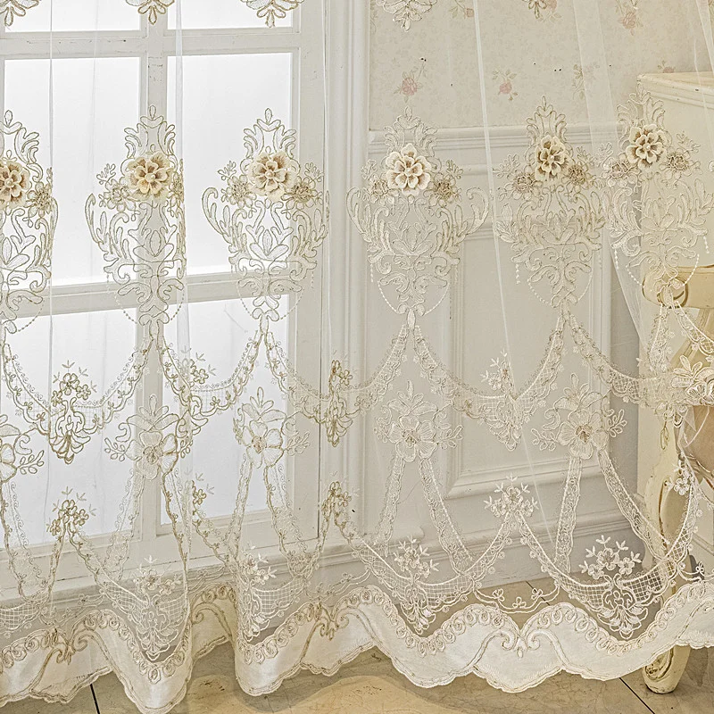 Custom Luxury Embroidered Voile Curtain, European White Lace Sheer with Scalloped Edge for Villa Living Room