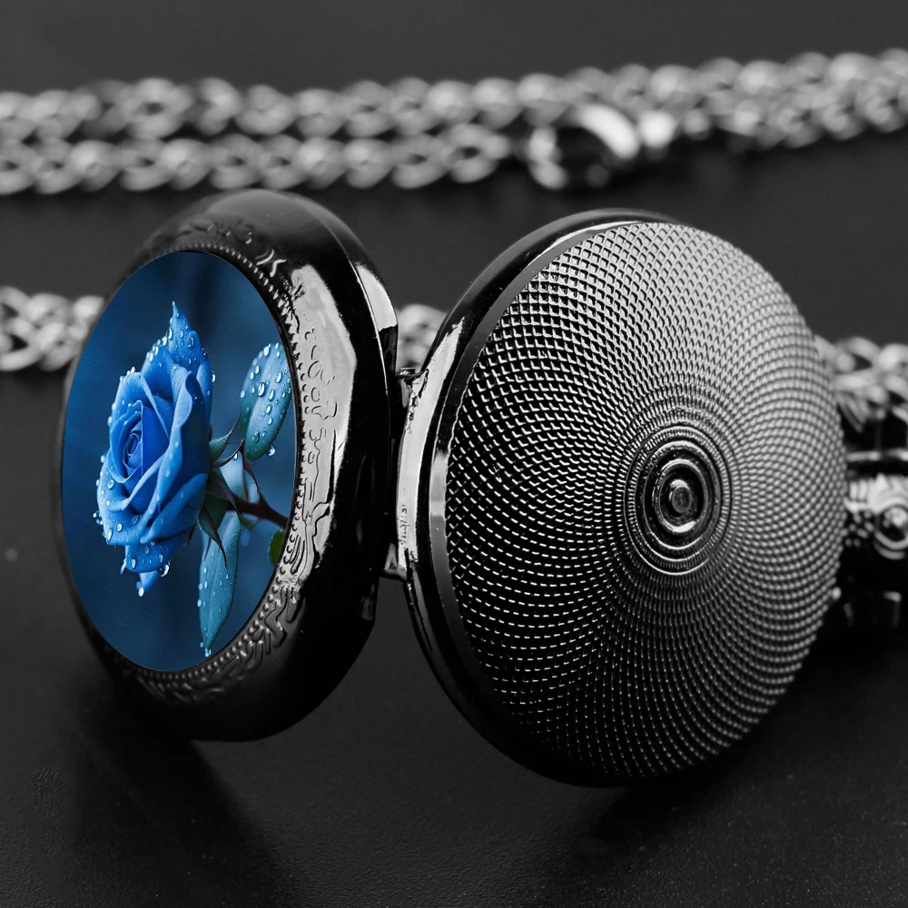 Модные черные кварцевые карманные часы из нержавеющей стали с синей розой и лотосом, ожерелье для женщин и мужчин, ювелирные изделия, кулон-цепочка, подарки