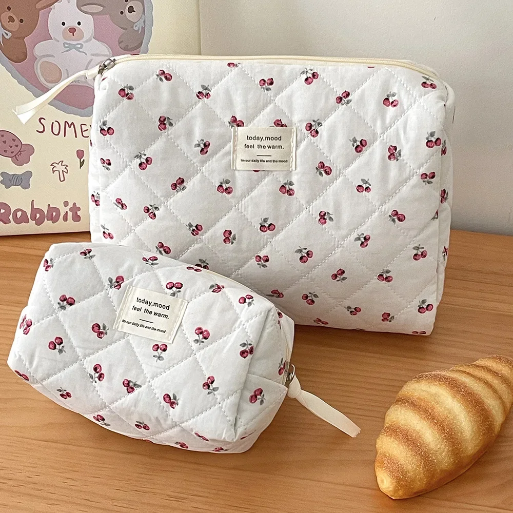 Bolso de mano de cereza para mujer, bolsa de maquillaje portátil, bolsa de almacenamiento de artículos de tocador, bolsa de algodón de gran capacidad con cremallera