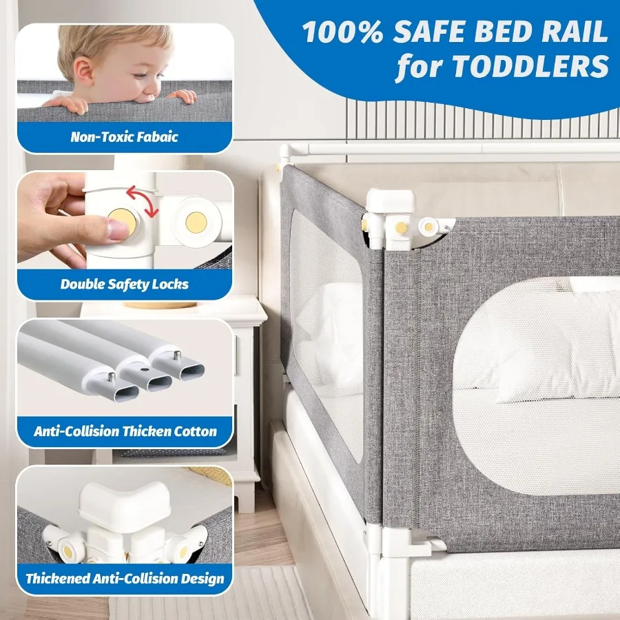 3-Piece Queen Size Bed Rails for Toddlers with Headboard Rod - Height Adjustable Baby Safety Bed Rails Guard for Queen Size Bed