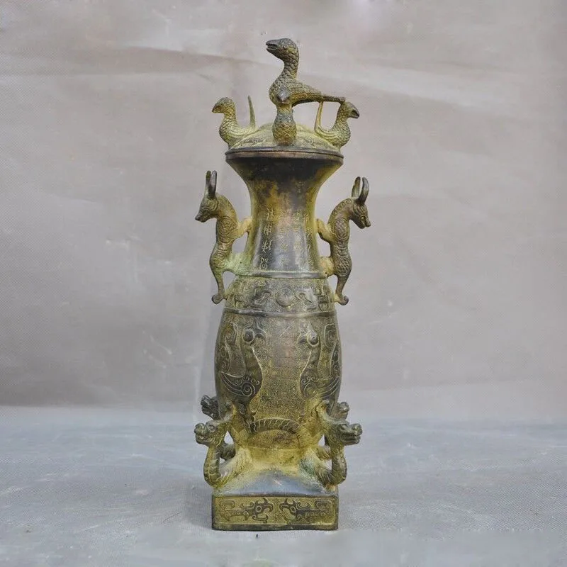 

Old China Dynasty bronze ware bird beast Dragon Text Zun Cup Bottle Pot Vase Jar