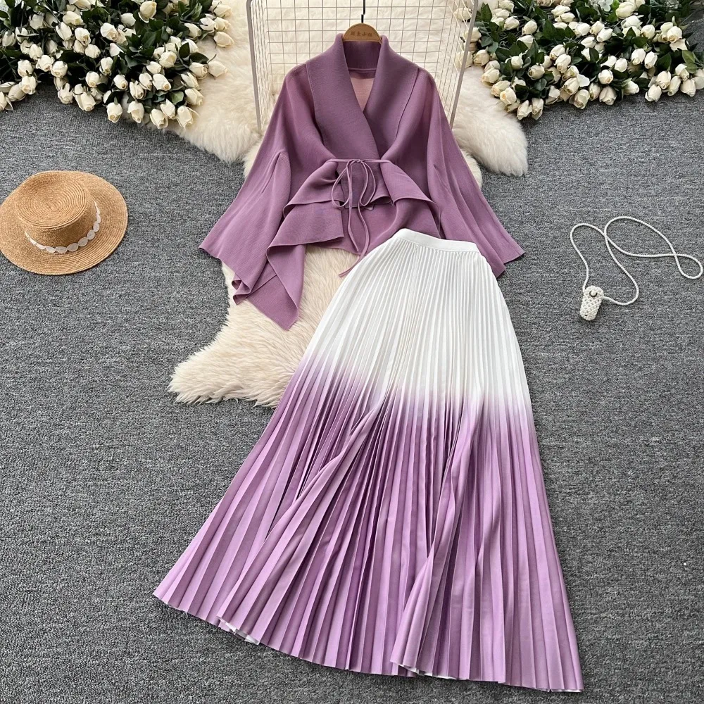 Elegant แขนยาวหลวมเอวสูงจีบกระโปรงชุดราตรี High Street แฟชั่นฤดูใบไม้ร่วงฤดูหนาว Gradient สีชุด