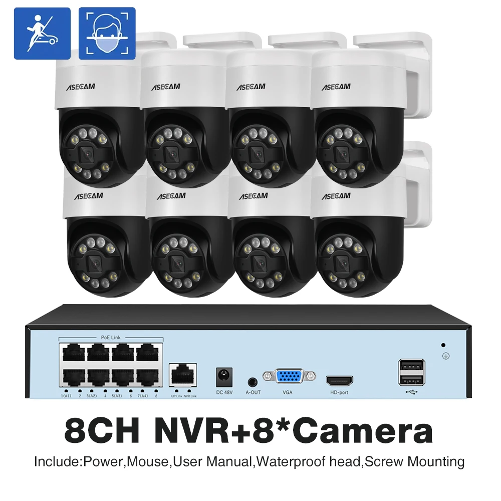 8MP 4K PTZ Beveiligingscamera Kit Gezicht Menselijke detectie Audio Alarmopname POE NVR CCTV Outdoor Home Video Surveillance
