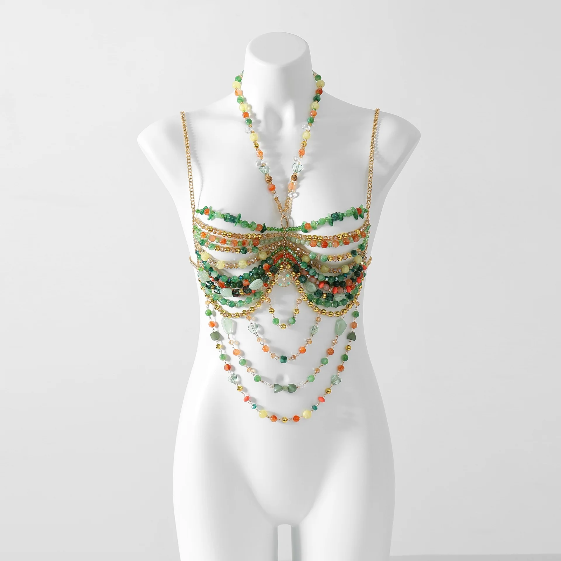 Handmade Woman Tops Crystal Bra Halter Green Beaded Layered Lingerie Harness Bralette Beaded Women Party Beading Beachwear