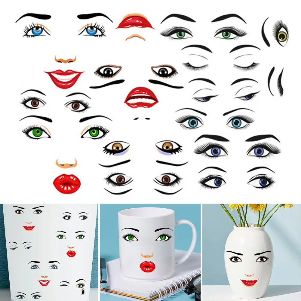 1/2 Sheets Face Expression Sticker Waterproof PVC Self-adhesive Women Facial Feature Eye Eyebrow Mouth Nose Decoration Decal
