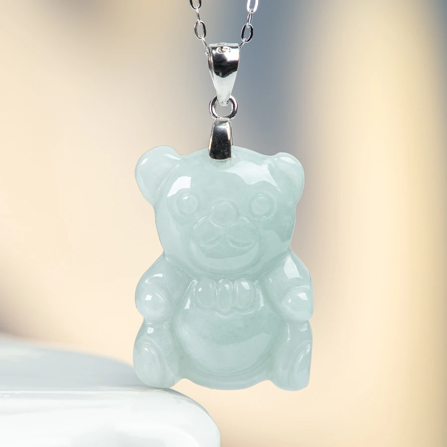 

TIMESWIND Cute Bear Light Green Natural A-type Jade Women S925 Necklace with Certificate