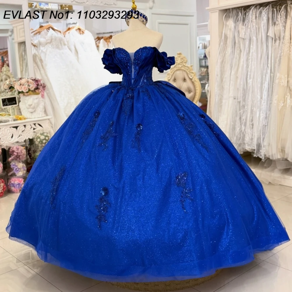 

EVLAST блестящее королевское синее платье Quinceanera по индивидуальному заказу, бальное платье с кружевной аппликацией и бантом из бисера, милое платье 16, Vestidos De 15 Anos E1QN436