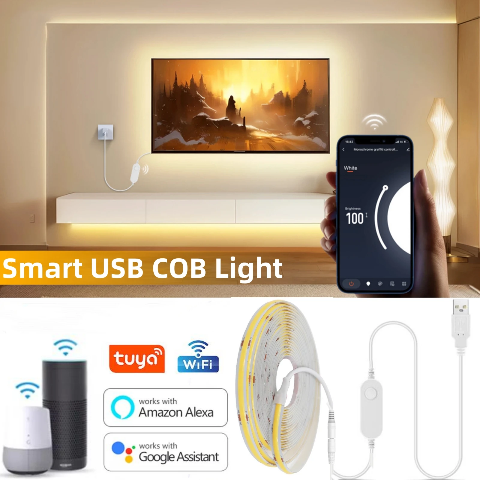 Imagem -05 - Tuya Smart Life Wi-fi Led Strip Lights Cob Tape Ribbon 320leds m Regulável Ra90 Iluminação Trabalho com Alexa Google Home Usb 5v