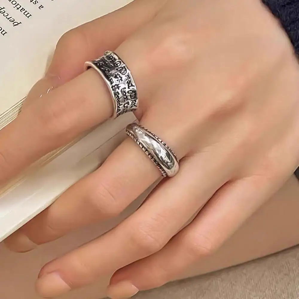 Korean Vintage Graffiti Letter Ring for Women Minimalist Fashion Hip Hop Style Unique Open Adjustable Finger Jewelry
