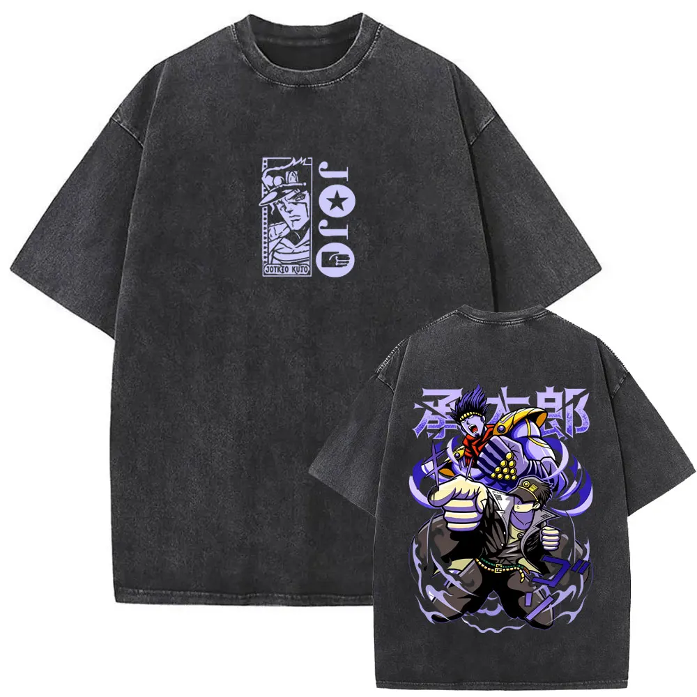 Anime Jojo Bizarre Adventure Jotaro Kujo Vintage Washed T-shirt Men Women Casual Retro T Shirts Men's Manga Oversized T-shirts