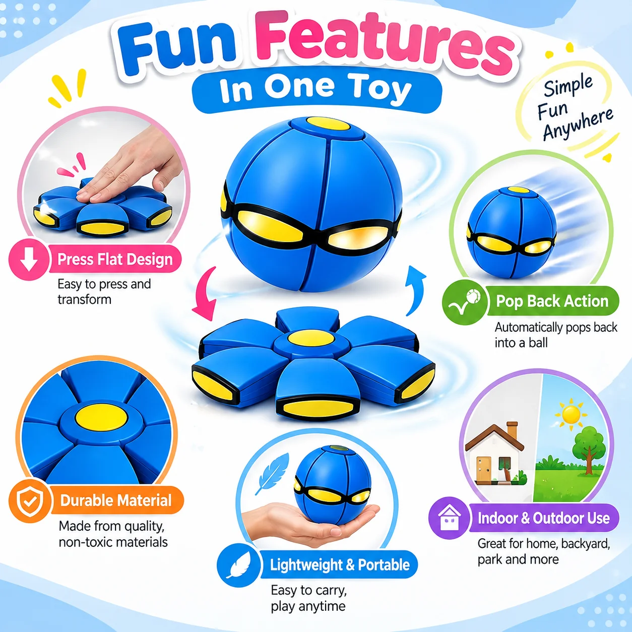 1Pc Magic Bouncy Ball, Creative Transformable Flying Saucer Toy,  Press Flat & Pop Back Design