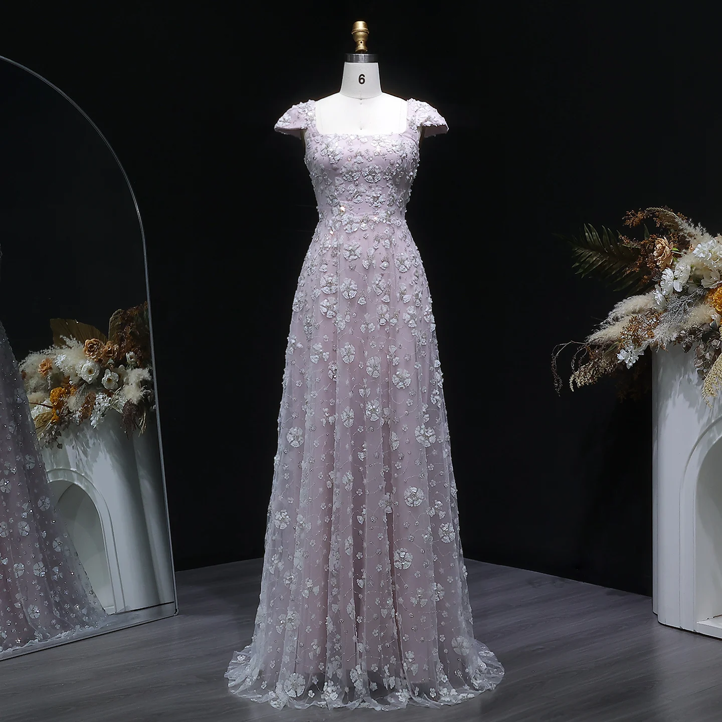 Sharon Said Elegantes, zartrosa, florales langes Abendkleid 2026, Hochzeitskleid mit quadratischem Ausschnitt und offenem Rücken, Party- und Ballkleid SS602, individuell anpassbar – Detail 14