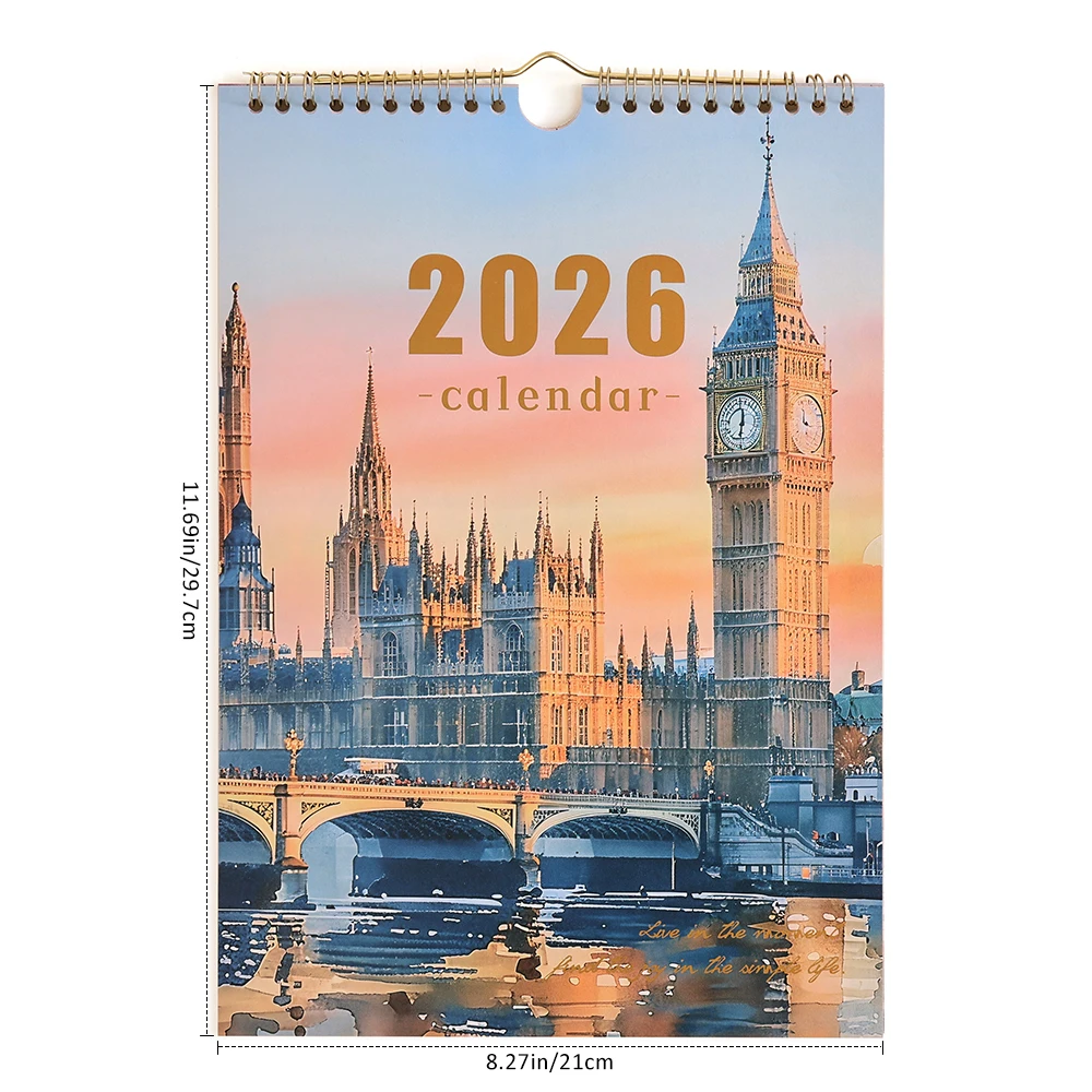 12 Sheets 2026 A4 Wall Calendar Bronzing Cover Building DesignDaily Weekly Monthly Planner For Home Office School (Jan-Dec 2026)