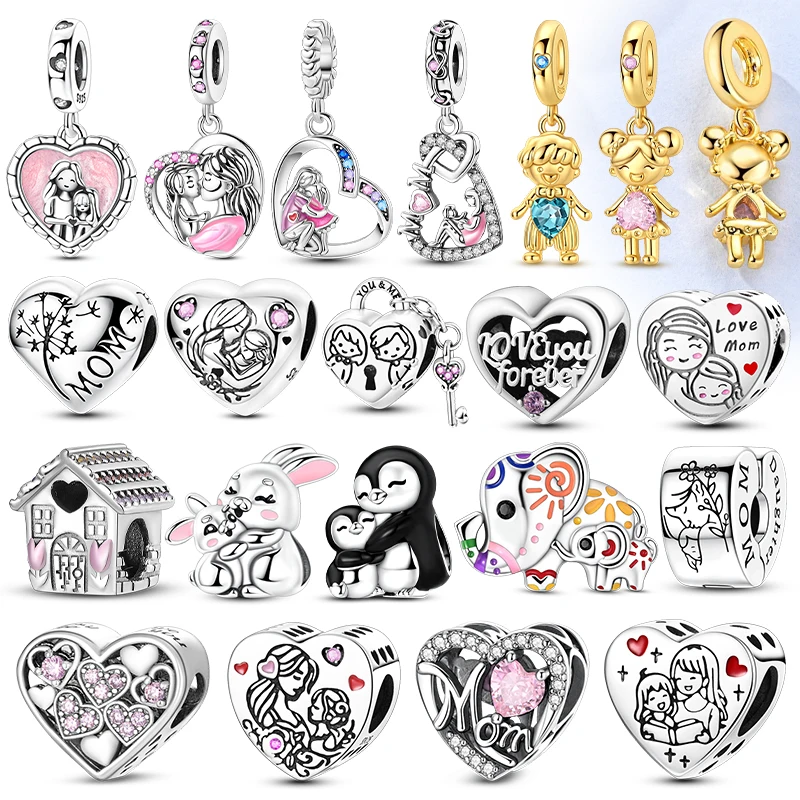 925 Sterling Silver Charm Pendant Family Friendship Love Heart Mother's Day Beaded Fit Original Bracelet DIY Women Jewelry Gifts