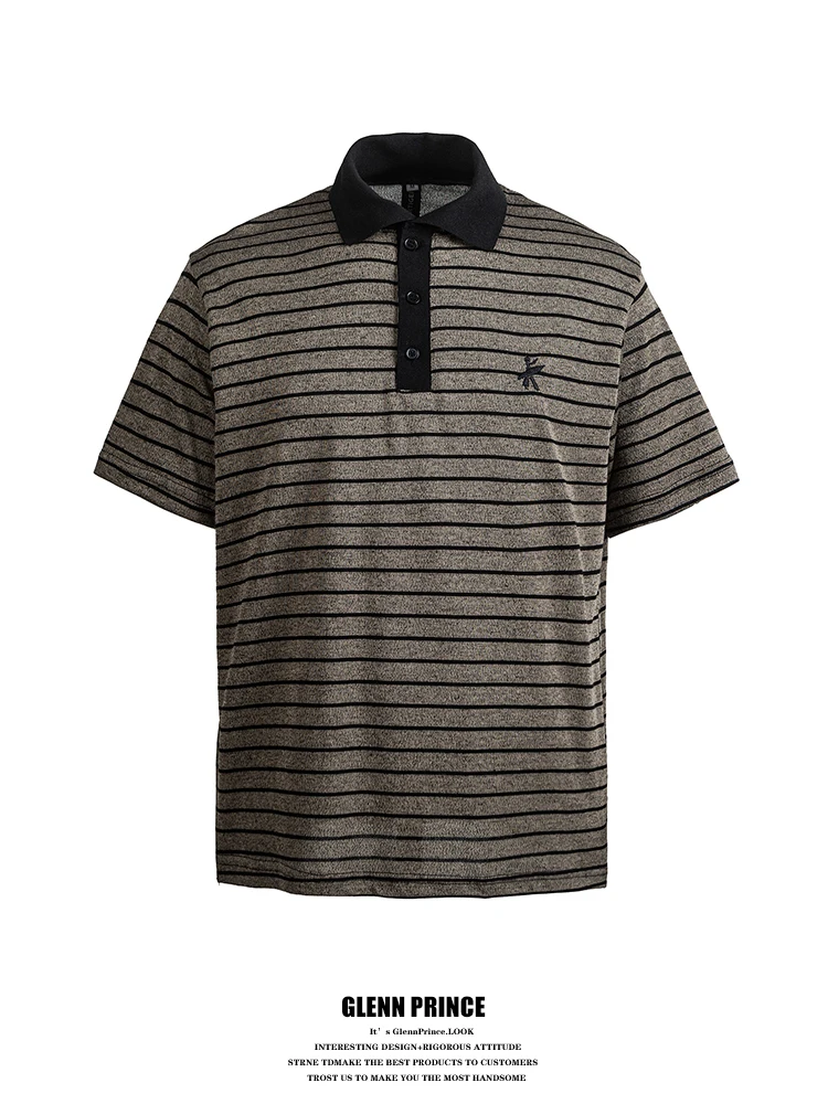 

GPstudio American Retro Shirt Short Sleeve Men's Summer Youth Turn-down Collar T-shirt Striped Breathable Loose Fit