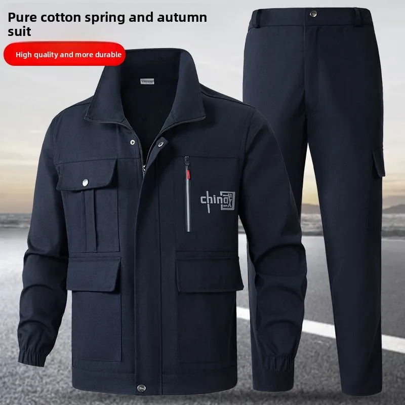 

Мужской рабочий костюм с длинными рукавами из чистого хлопка, для сварки, устойчивый к царапинам и износу, большие размеры, рабочая форма