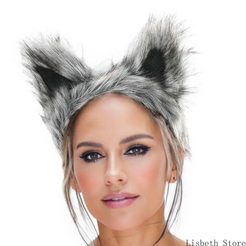 124A Faux Furs Wolf Foxes Ear Headband Cosplay Headwear Furry Ear Ear Headband Halloween Cosplay Party Trang phục Quà tặng