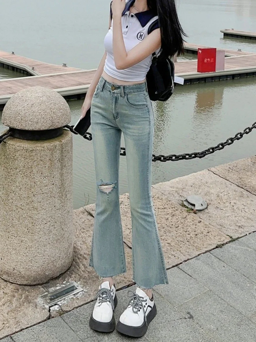 Denim Cropped Pants for Women Ripped Trousers Shot Womens Flare Jeans Basics Fitted Stylish Harajuku Fashion Original Stretch