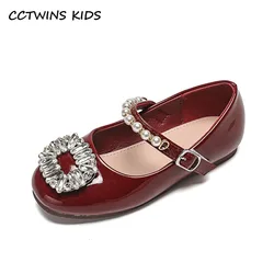 Girls Flats 2022 Spring Fashion Princess Dress Shoes Baby Kids Shoes Patent Brand Mary Jane Rhinestone Pearl Red Shoes Soft Sole