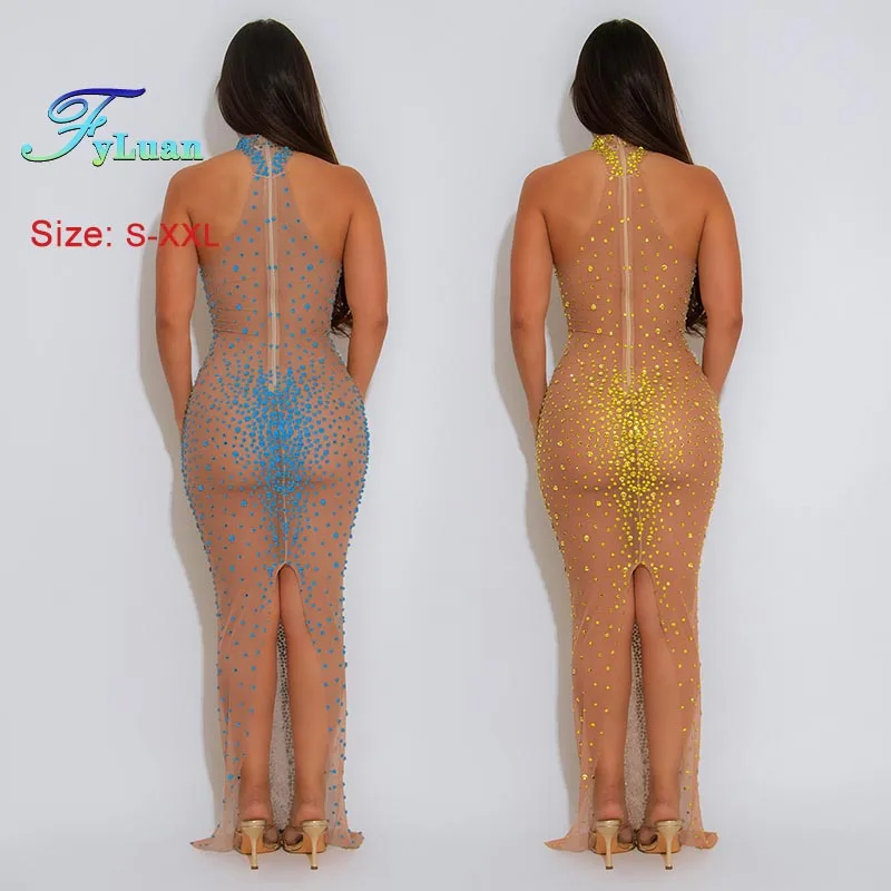 مثير المرأة فستان طويل بقماش شفاف الساخن الماس التخسيس فستان طويل موضة الشق الخلفي فستان بلا أكمام ملهى ليلي ملابس حفلات للسيدات
