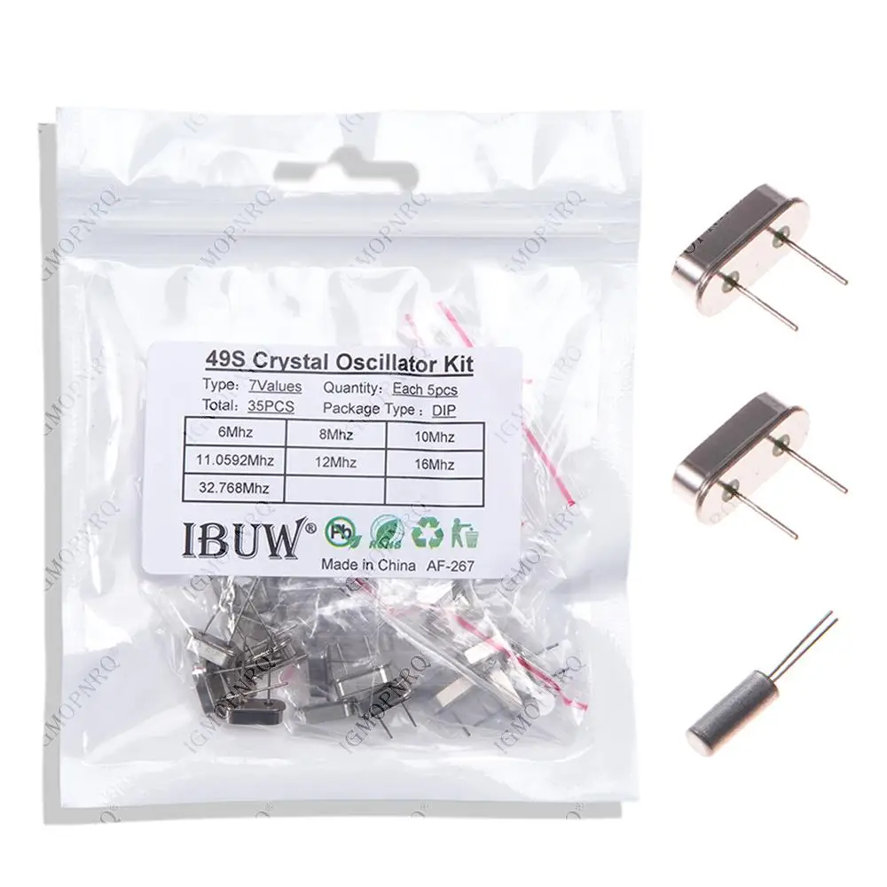 7values*5pcs=35pcs 32.768Khz 6.000Mhz 8.000Mhz 11.0592Mhz 12.000Mhz 16.000Mhz 20.000Mhz each 5pcs Crystal Oscillator HC-49S