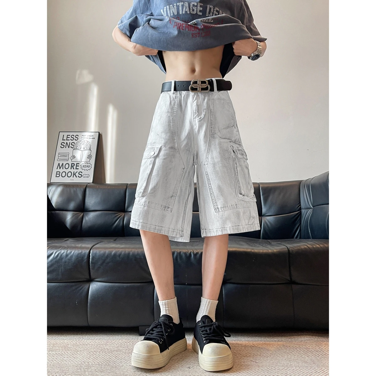 

American Retro Streetwear Workwear Shorts Men's Women's Loose Wide Leg Pocket Pants Couple's Summer Five-Quarter Length