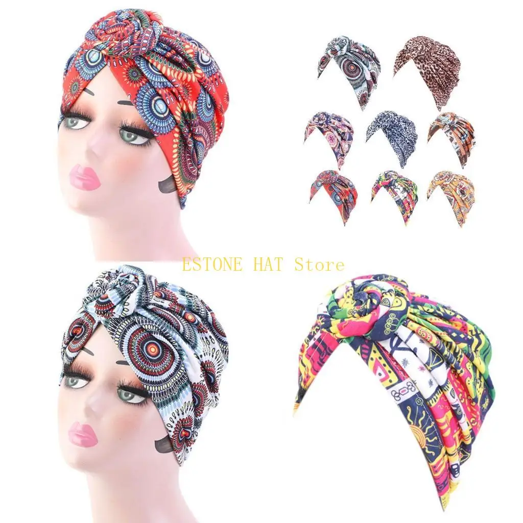49MF Women Knotted Headscarf Cap Muslim Hijab Turban Hair Loss Cover Scarf for Head Wrap Paisley Floral Print Bandana Beanie