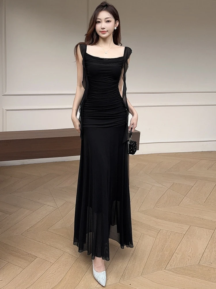 Elegancka damska zielona sukienka typu halter z siateczki, odkryte ramiona, zdobiona wstążkami, czarna suknia wieczorowa bez rękawów, na imprezę, studniówkę, vestidos, robe.