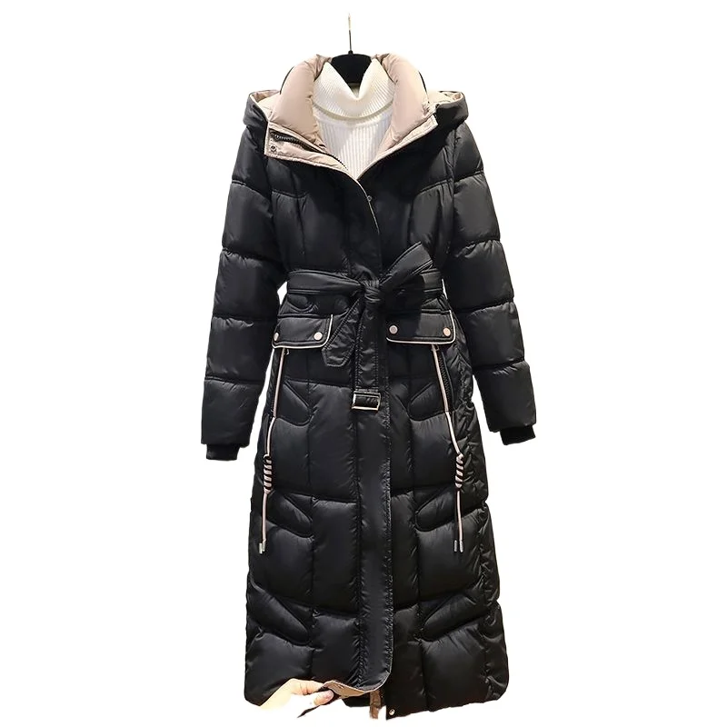 Down Cotton-padded Clothes New Fashionable Over-knee Long Thickened Coat Winter Warm and Thin Hooded Design Cotton-padded Jacket