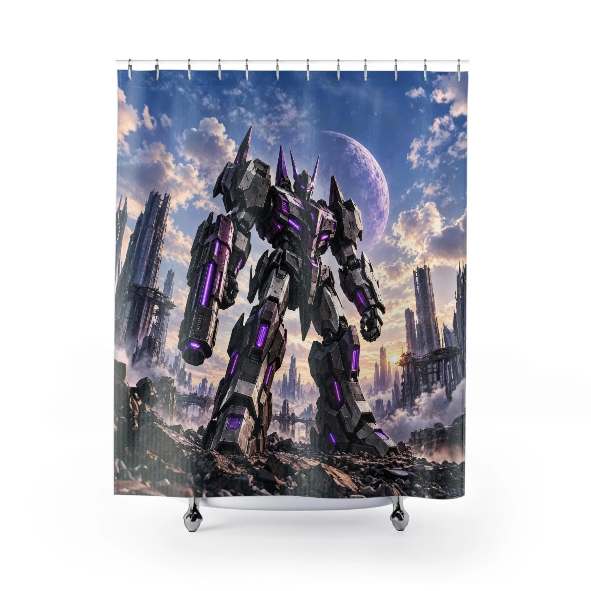 Epic Mecha Robot Cityscape Shower Curtain Waterproof Bathroom Decor Anime SciFi Art Print