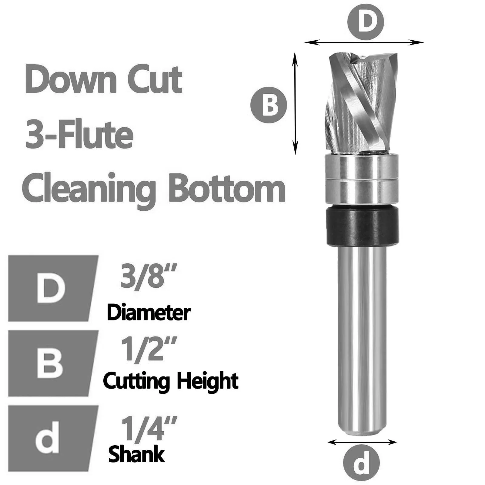 Pattern Flush Trim Router Bit Bottom Clearing 3 Flute,Downcut Spiral Solid Carbide Head for Flush Trimming -1/4