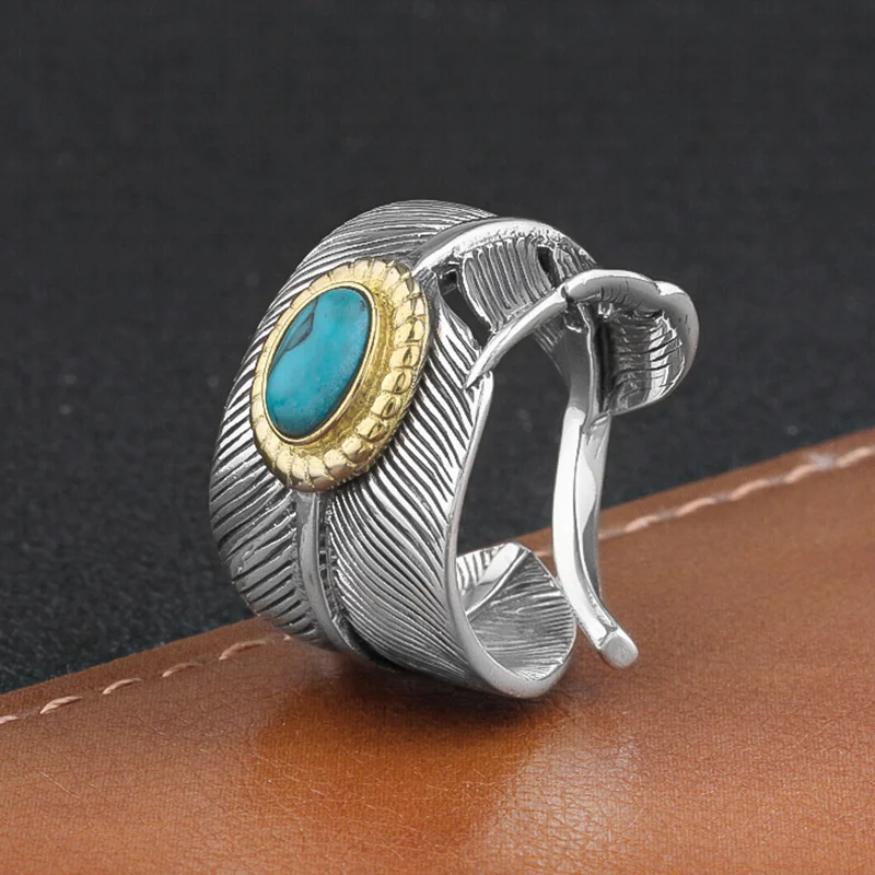 S925 Sterling Silver Charms Rings for Men Women Contrast Colored Feather Inlaid Turquoise Ethnic Style Jewelry Wholesale