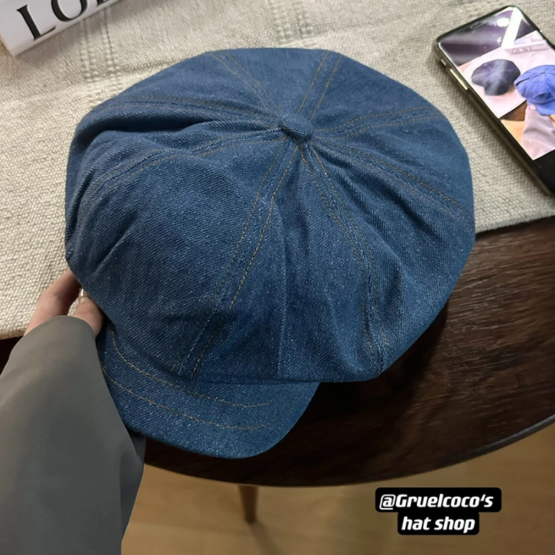 Korean New Denim Beret Women Spring and Autumn Retro Big Head Circumference Cloud Hat Fashion Casual Octagonal Painter Cap