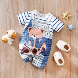Cute Baby Jumpsuit Cartoon Teddy Bear Fake Two-Piece Outdoor Outfit Summer Short Sleeved Baby Boy Outfit